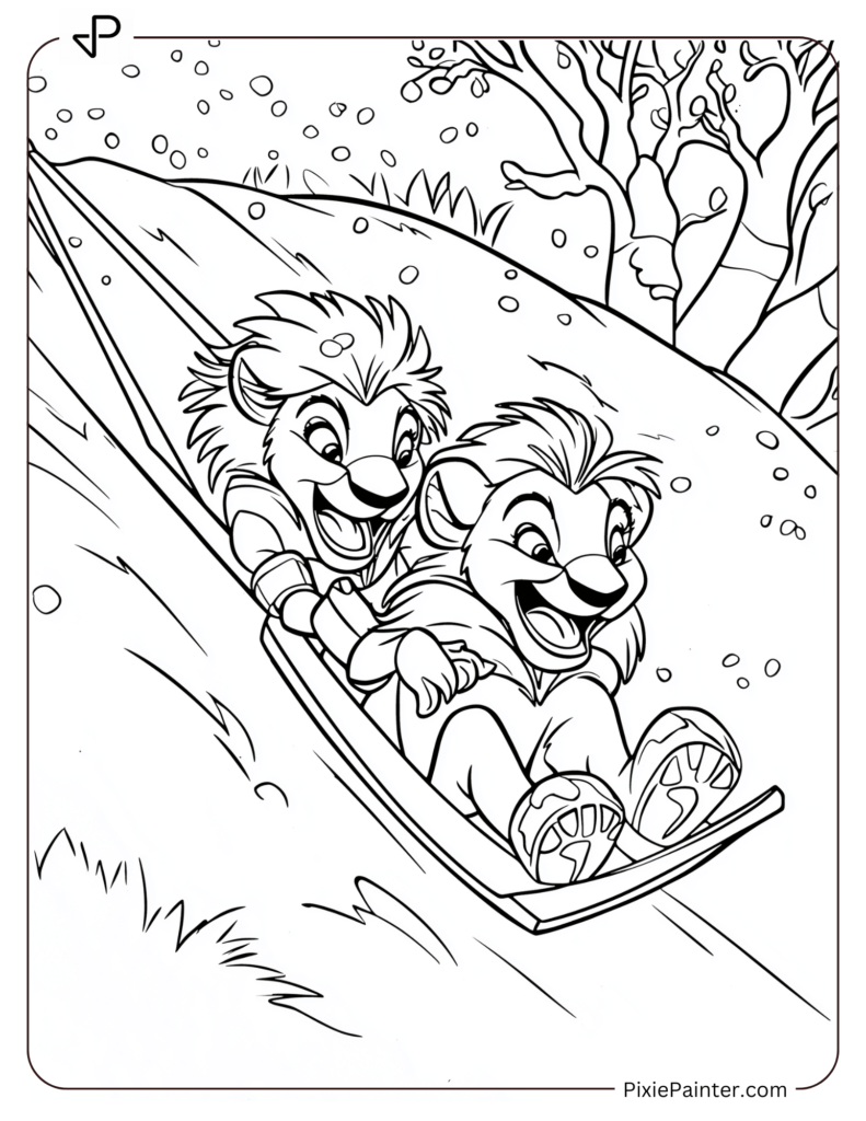 Winter Disney Coloring Page of Simba and Nala Sledding Down a Snowy Hill Together