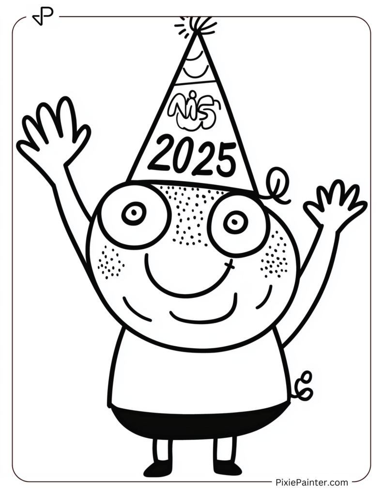 Cute New Year Coloring Pages With Peppa Pig Wearing A 2025 Party Hat