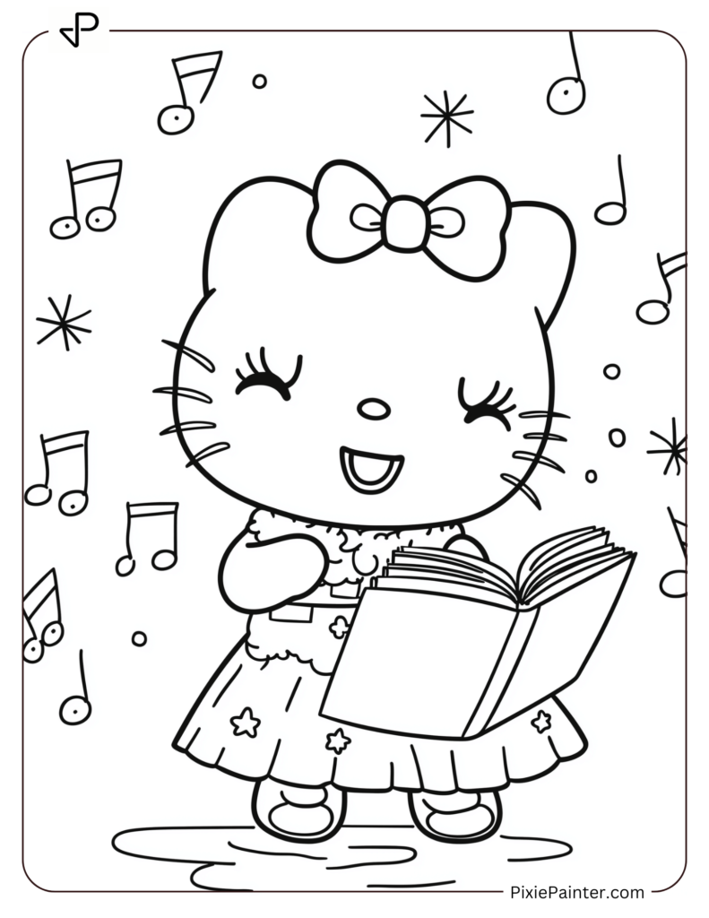 Winter Hello Kitty Coloring Pages of Singing Christmas Carols