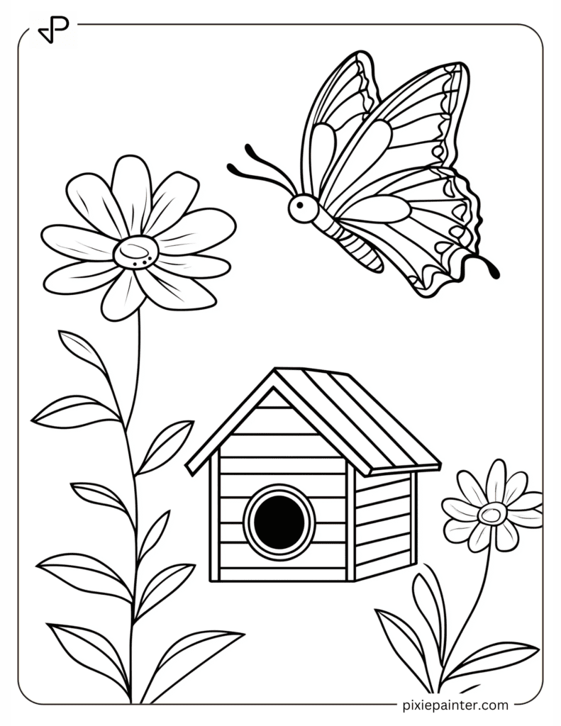 Coloring Page of A Butterfly Flying Above a Birdhouse