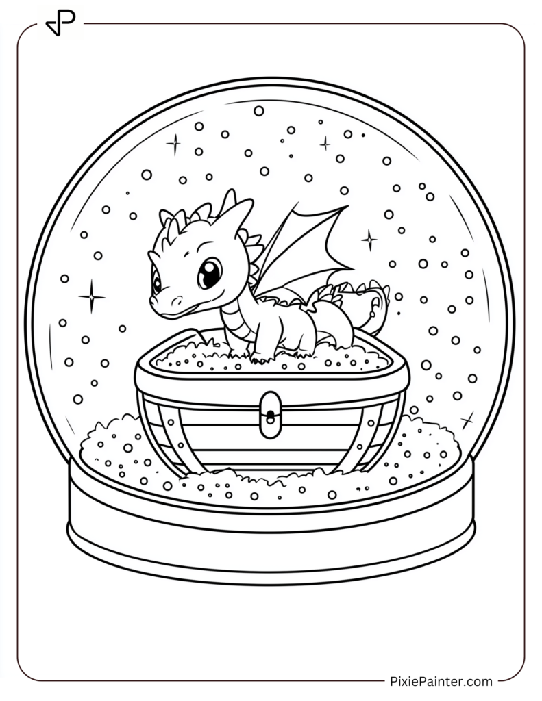 Coloring Page Where A Treasure Chest Surrounded By Sparkly Snowflakes And Guarded By A Baby Dragon Inside A Snow Globe