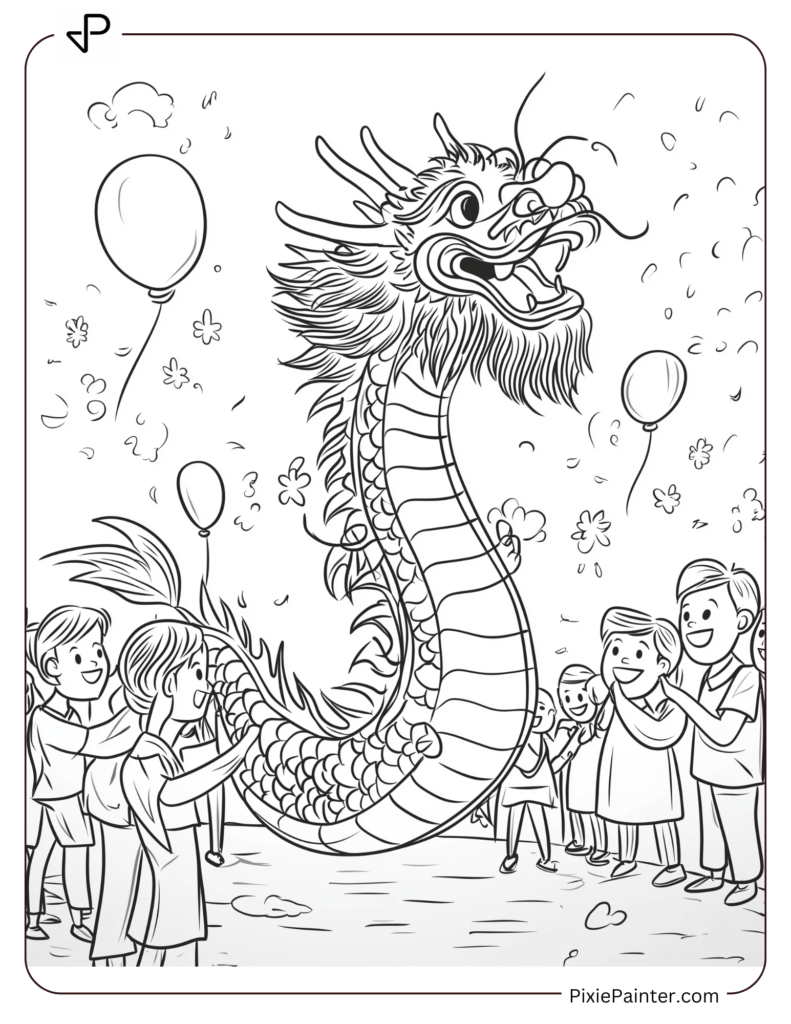 Chinese New Year Coloring Page Where A Vibrant Dragon Dance Parade With Excited Onlookers