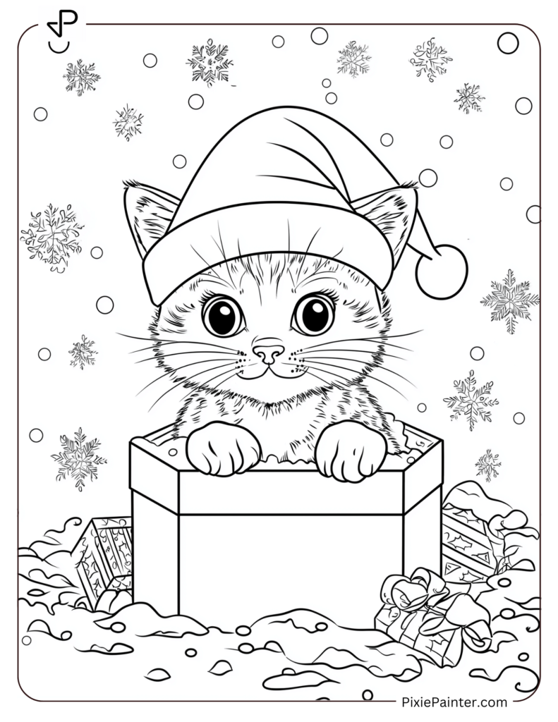 A playful kitten wearing a Santa hat, peeking out of a gift box surrounded by snow