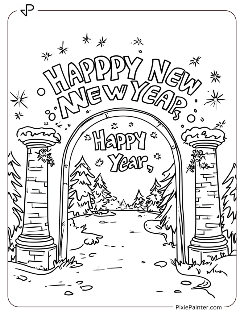 New Year's Eve Coloring Pages of Lit archway reading Happy New Year