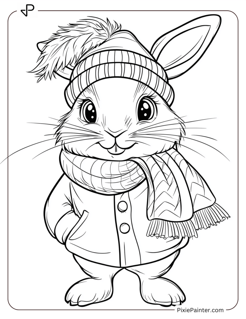 Lunar New Year Coloring Page of A Rabbit in a Small Hat and Scarf