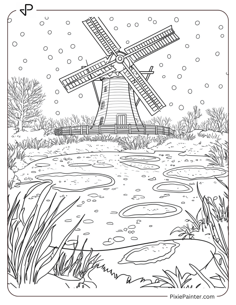 19. Winter Windmill With Frozen Ponds Nearby