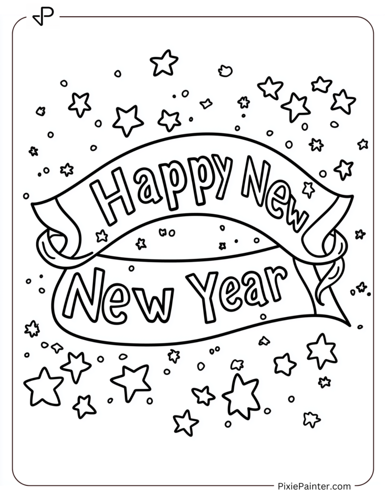 Cute New Year Coloring Pages With Happy New Year Banner And Stars