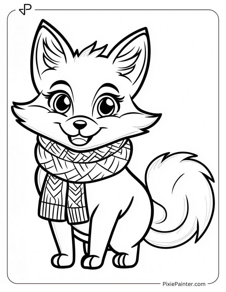 Winter Coloring Pages Where Fox with a Scarf and a Curious Smile.