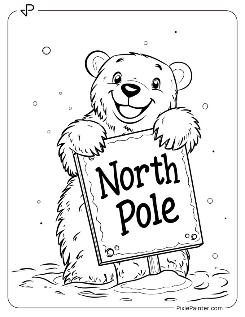 Polar Bear Hugging a North Pole Sign