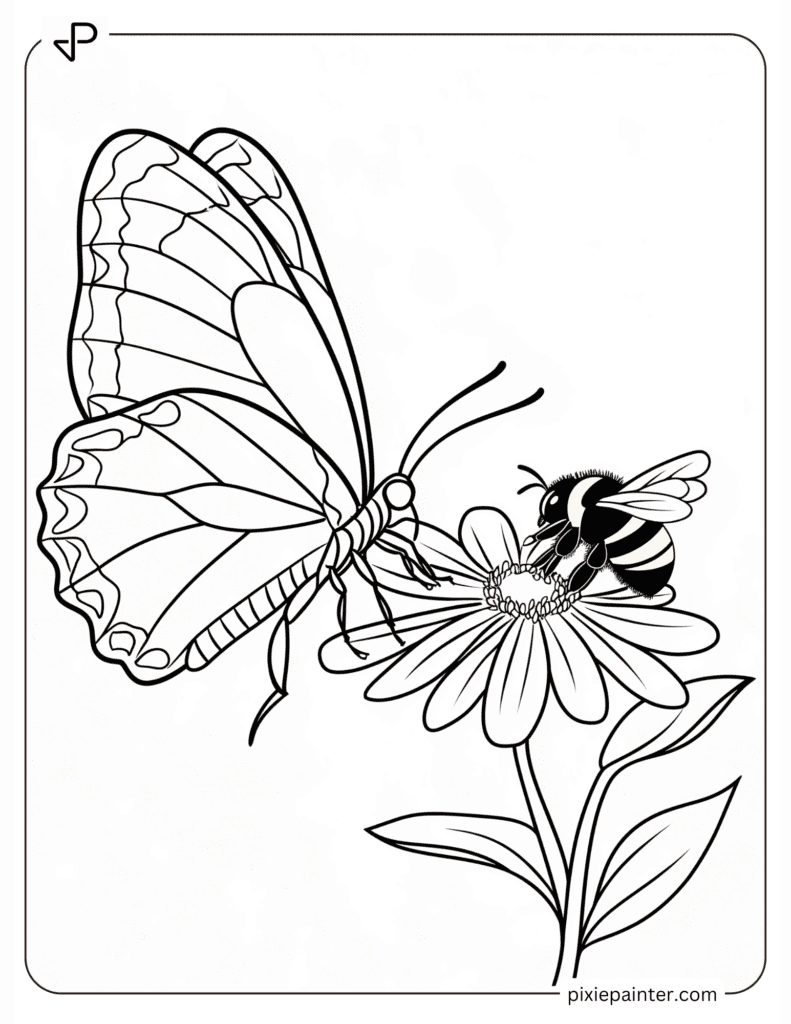 Coloring Page of A Butterfly and Bumblebee Sharing a Flower