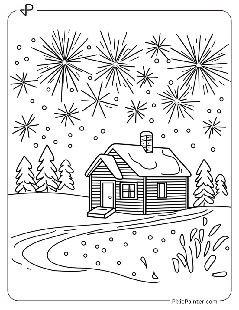 New Year Coloring Pages For Kids Where A Cabin In The Snow With Fireworks Overhead