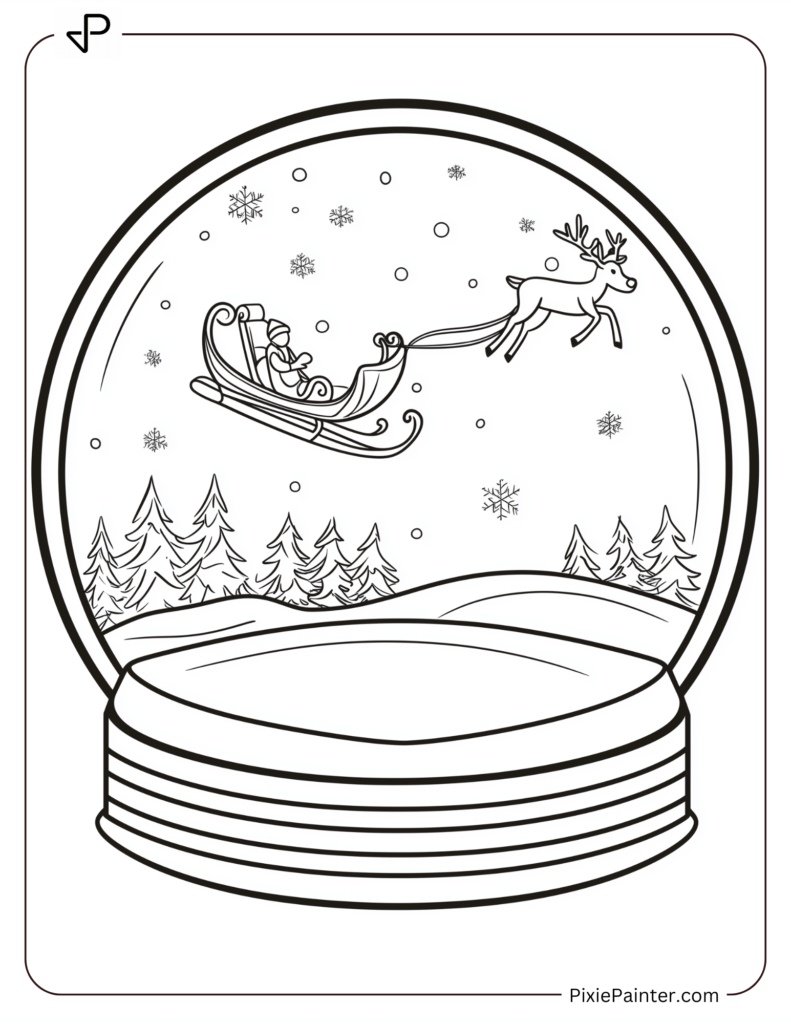 A Sleigh And Reindeer Soaring Above A Snowy Scene Inside A Snow Globe