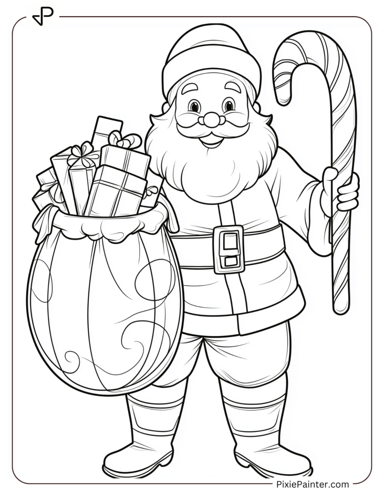 2. A Smiling Santa Holding Presents & Candy Cane Christmas Coloring Pages