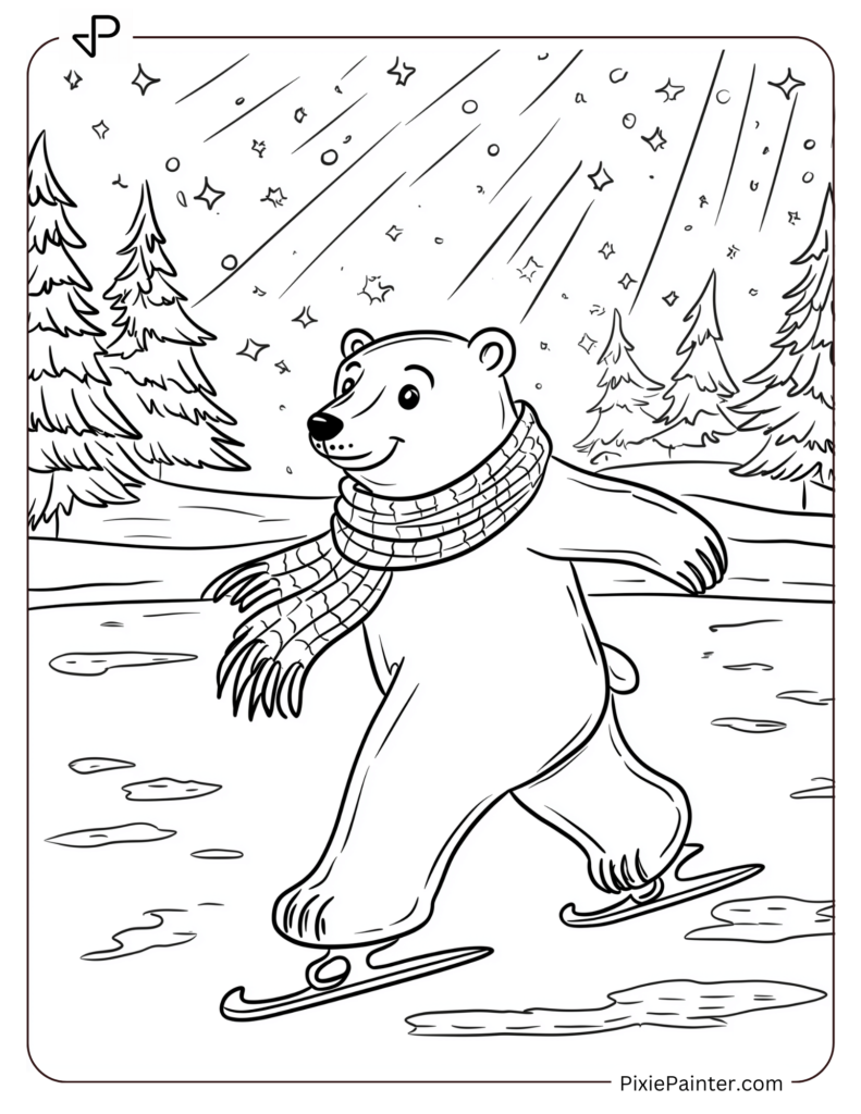 Winter Coloring Page for Adults of A polar bear ice skating on a frozen lake under the northern lights