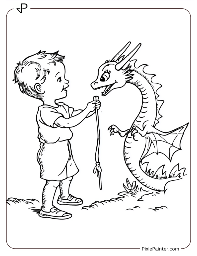 Lunar New Year Coloring Page of A Child Playing With a Toy Dragon Stick