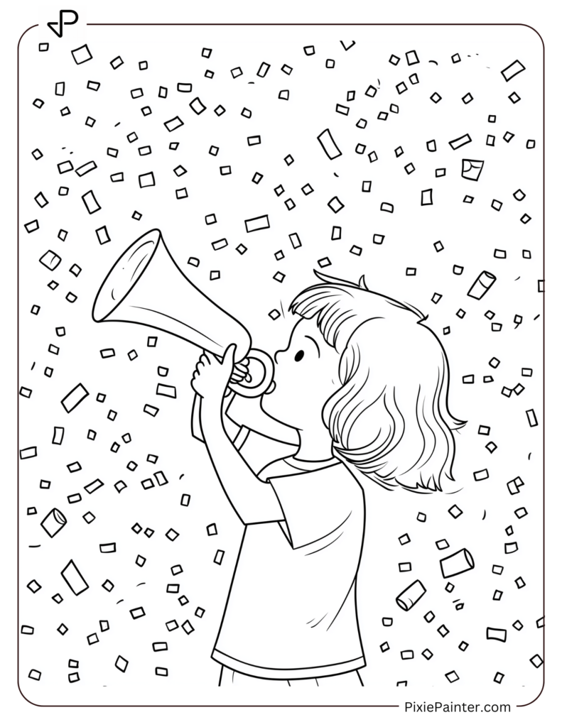 New Year's Eve Coloring Pages of Child blowing a party horn amid colorful confetti