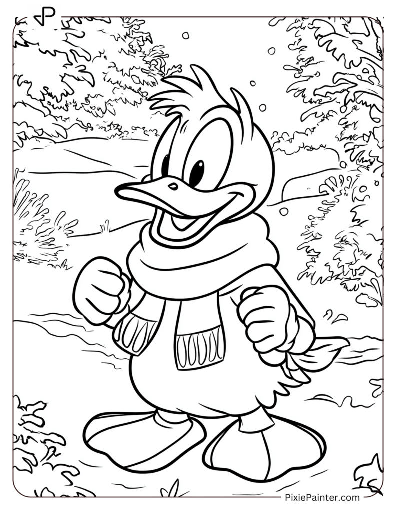 Donald Duck in a Scarf and Mittens in a Snowy Landscape