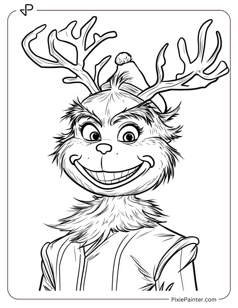 2. Funny Grinch Wearing Reindeer Antler Coloring Pages