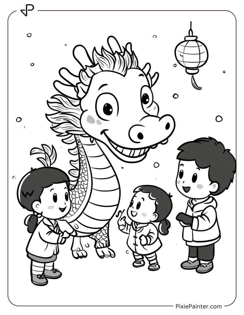 Cartoon Dragon Playing with Children During a New Year Parade