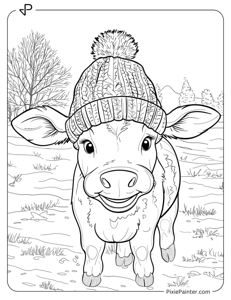 Cow in a Knit Hat in Snow