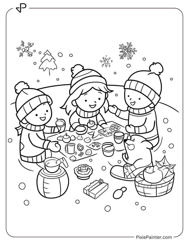 A Group Of Kids Having A Picnic On A Snowy Field