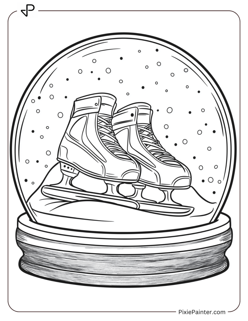 A Pair Of Ice Skates Leaning On A Snowy Hill Inside A Snow Globe