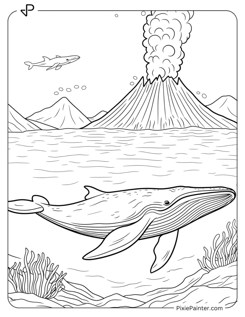 A Whale Swimming Near An Underwater Volcano