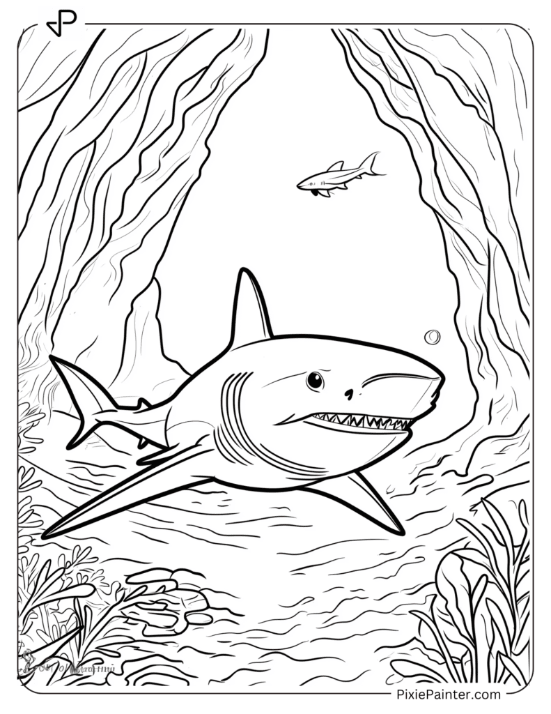 Coloring Page of A Shark Exploring a Mysterious Underwater Cave