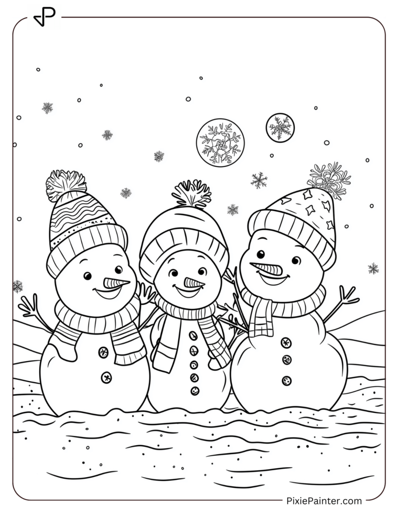 A snowman family with different hats and scarves, smiling and holding hands in a snowy field