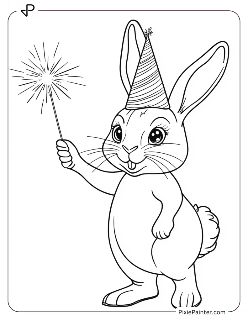 New Year's Eve Coloring Pages of Bunny wearing a party hat and holding a sparkler