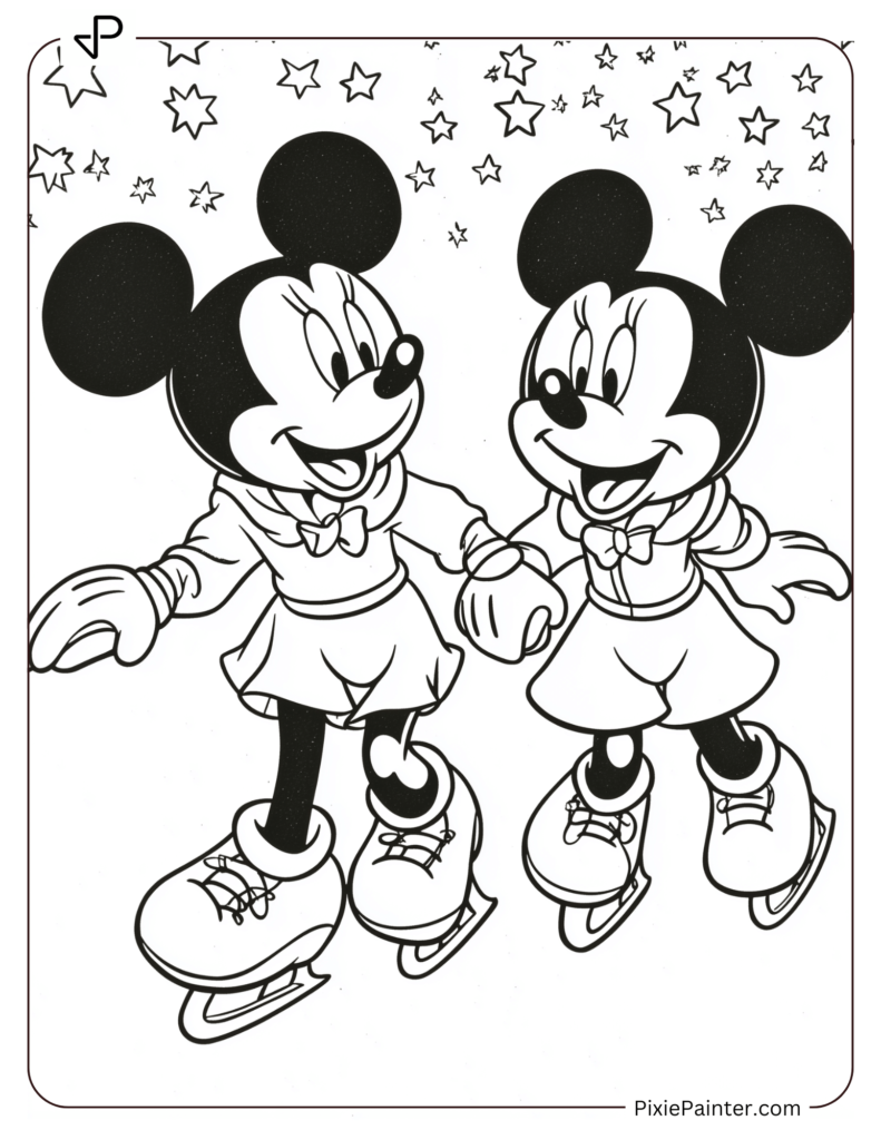 Winter Disney Coloring Page of Mickey and Minnie Ice Skating Hand-in-Hand Under Twinkling Stars