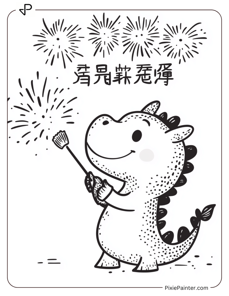 Cartoon Dragon Holding a Banner Reading 新年快乐 (Xīn Nián Kuài Lè) Cartoon Dragon Holding a Firecracker with 新年快乐 in Fireworks Above