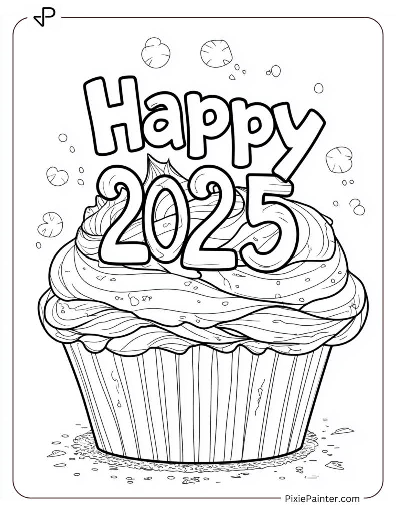 Cute New Year Coloring Pages Featuring A Cupcake With Frosting Spelling Happy 2025