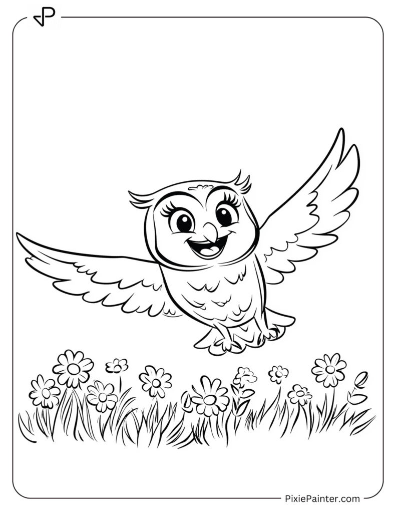 Happy Owl Flying Over A Meadow Of Flowers