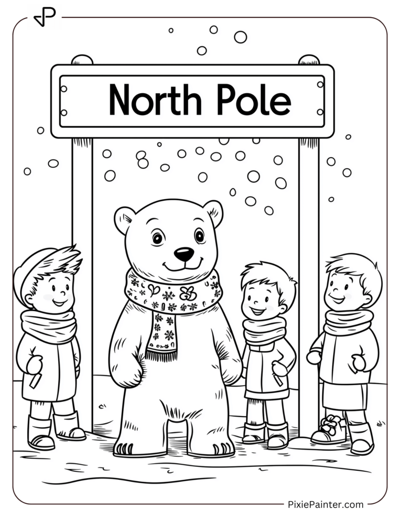 North Pole Coloring Pages of Polar Bear Cub with a Scarf Near Kids