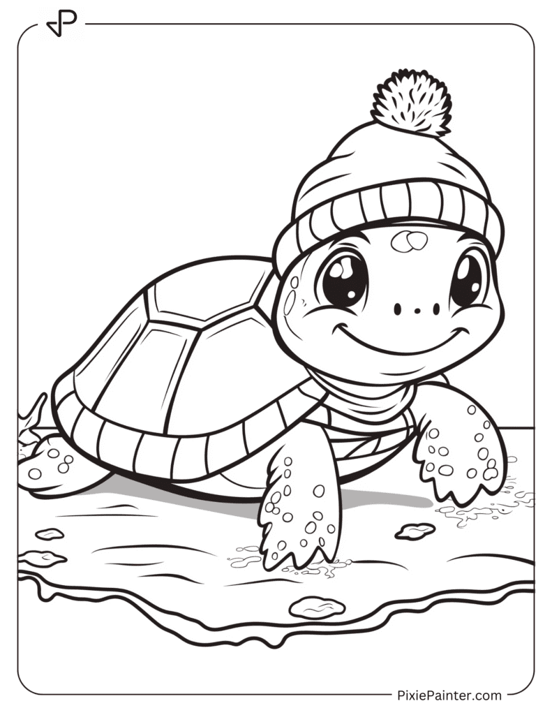 Turtle Sliding on Ice in a Winter Hat