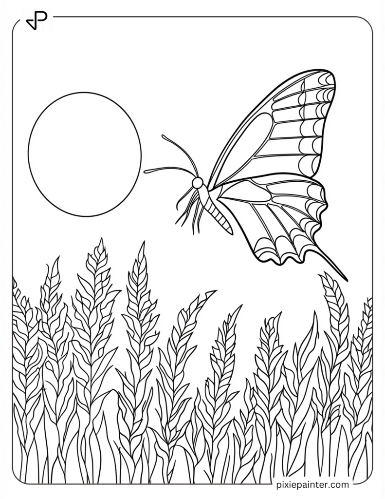 Coloring Page of A Butterfly Flying Over a Meadow with a Rising Sun