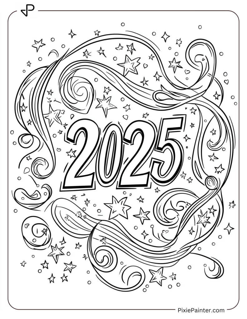 A Decorative "2025" Surrounded By Streamers And Stars