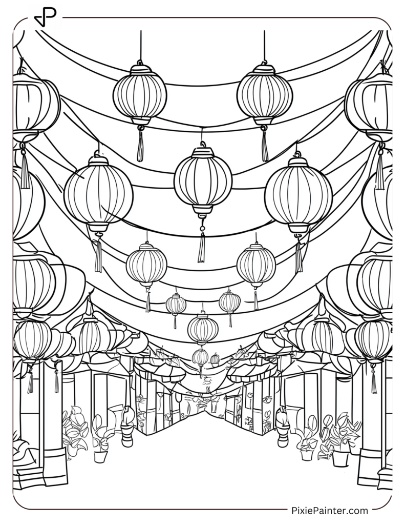 Chinese New Year Coloring Page Where A Lively Street Market Decorated With Glowing Lanterns