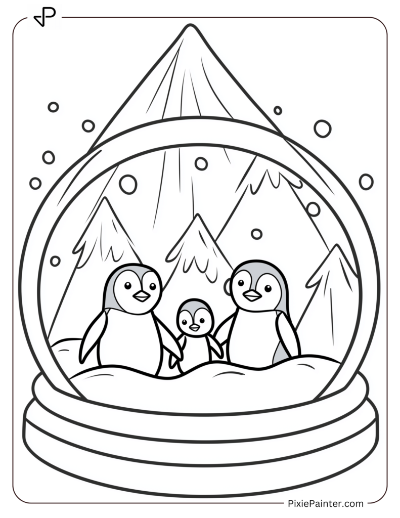 Coloring Page Where A Snowy Mountain With A Family Of Penguins Playing Inside A Snow Globe