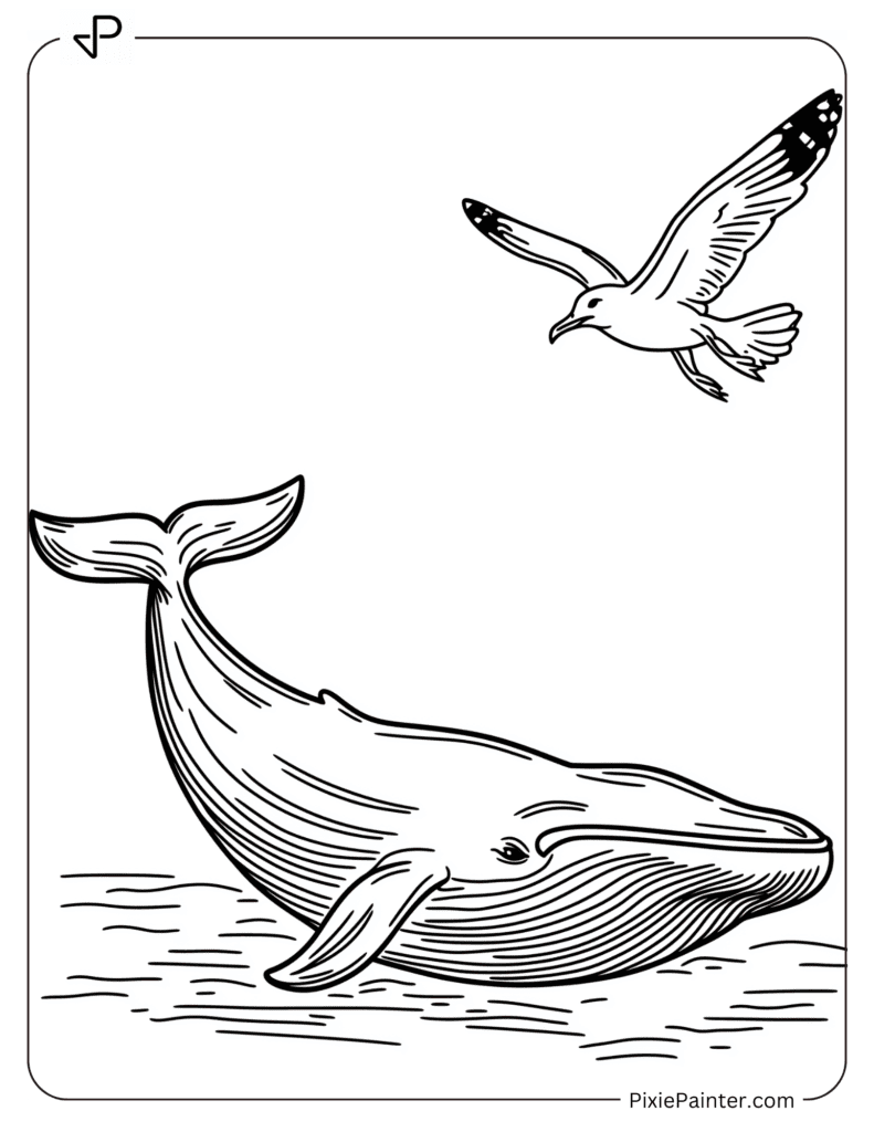 A Whale And A Seagull Flying Above It In The Sky