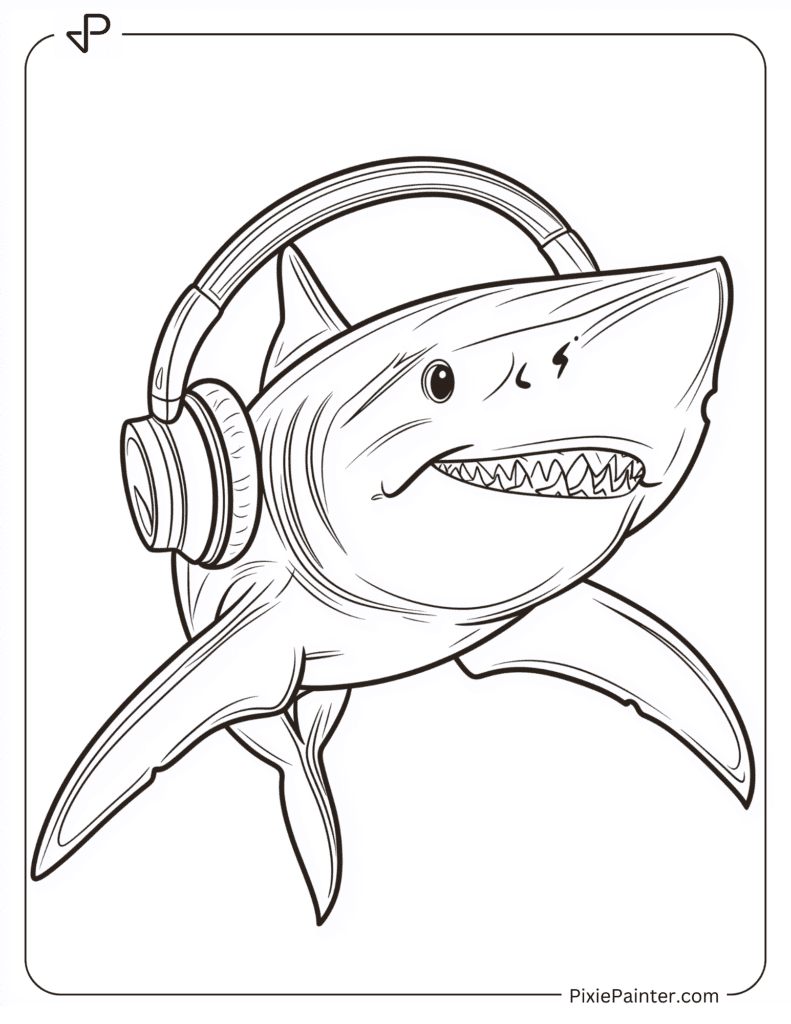 Coloring Page of A Shark Wearing Headphones and Listening to Music