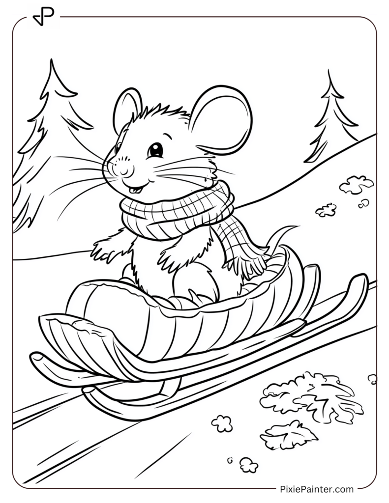 Winter Coloring Page for Adults of A tiny mouse wearing a scarf, sitting on a sled, sliding down a snowy hill