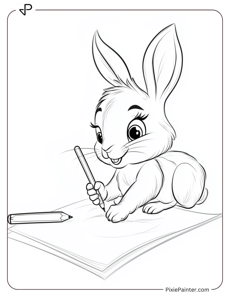 Lunar New Year Coloring Page of A Rabbit Child Drawing on a Sheet of Paper