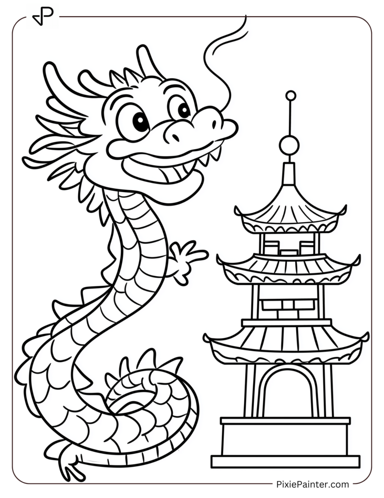 Cartoon Dragon Beside a Minimal Pagoda