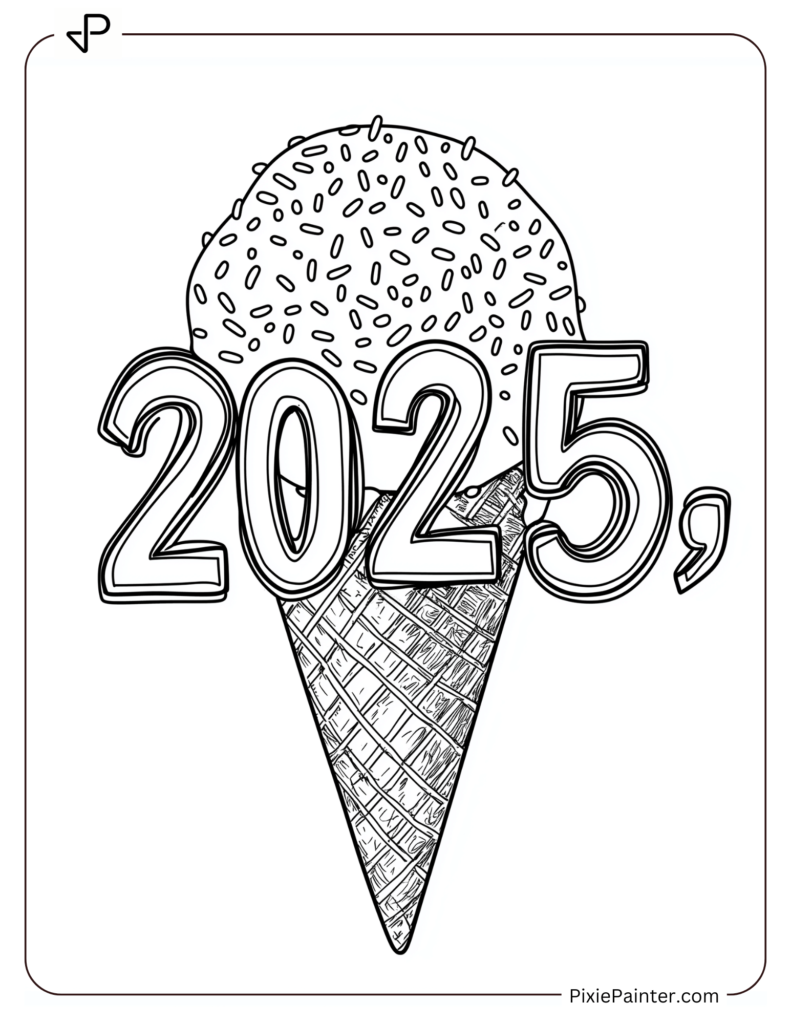 Cute New Year Coloring Pages With An Ice Cream Cone And Sprinkles Spelling 2025