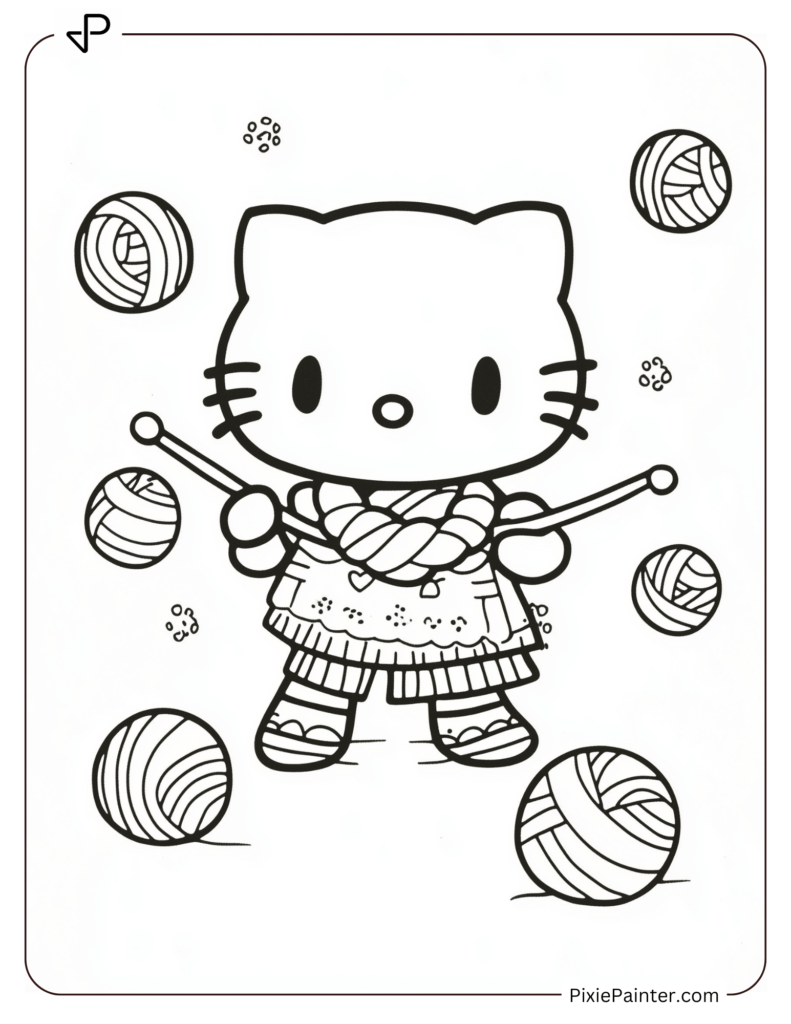 Winter Hello Kitty Coloring Pages of Knitting Scarf