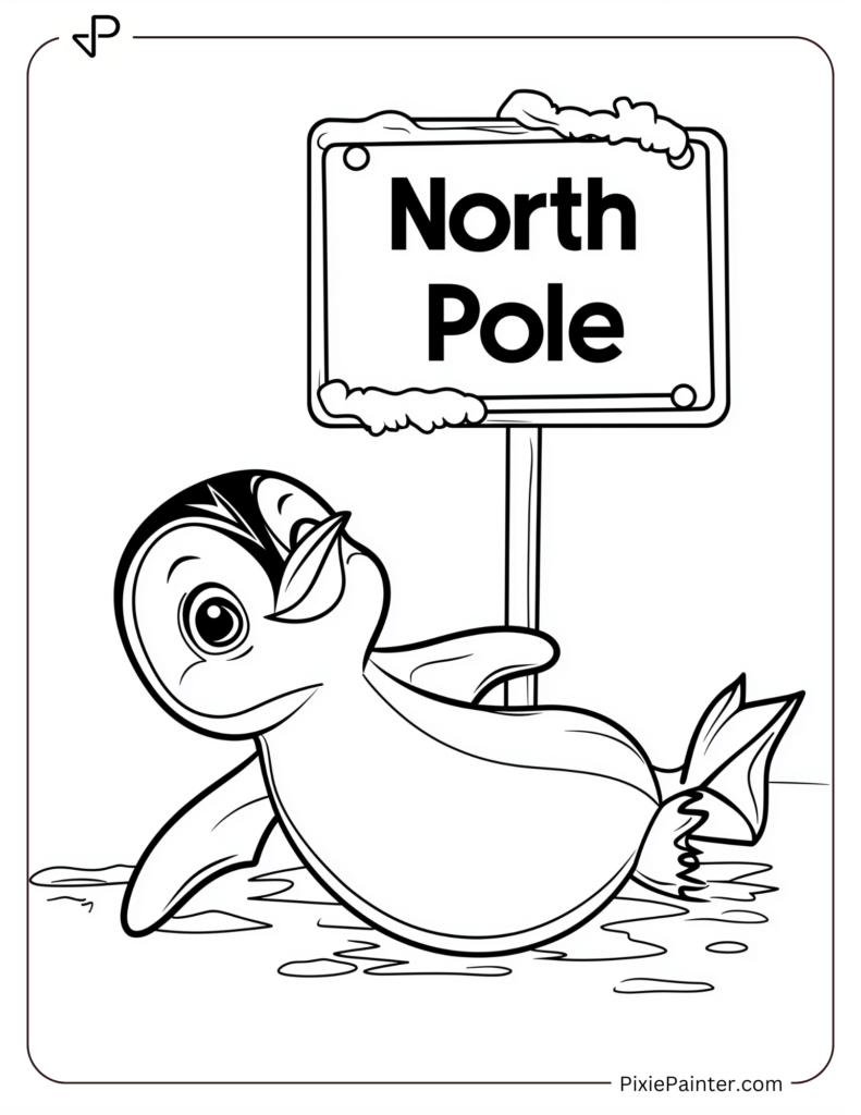 Penguin Sliding Near North Pole Sign