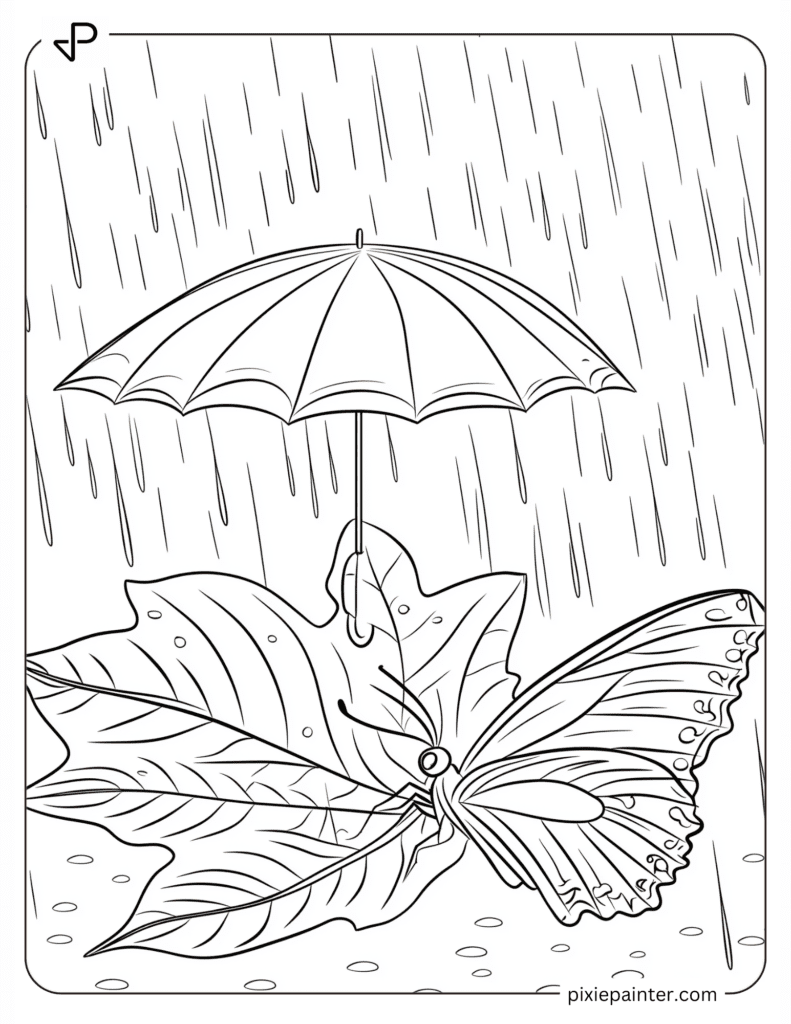 A Butterfly Enjoying the Rain Under a Leaf Umbrella
