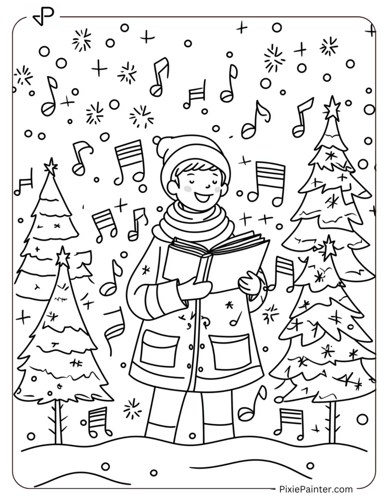 Winter Coloring Page for Adults of A Christmas caroler holding a book, surrounded by music notes and snowy trees